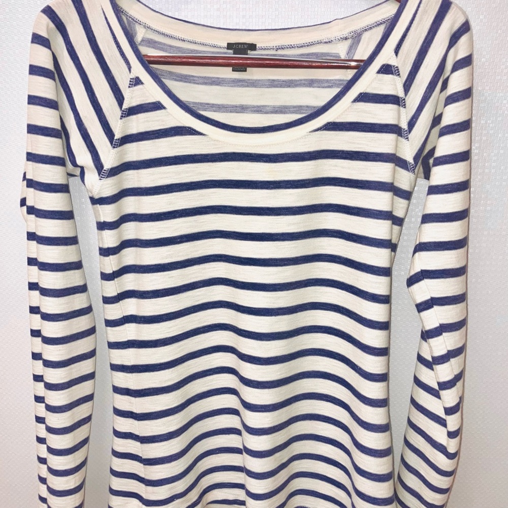 J Crew Long Sleeve Scoop Neck Striped Pullover Cotton Top XS 0-2 Blue/Cream